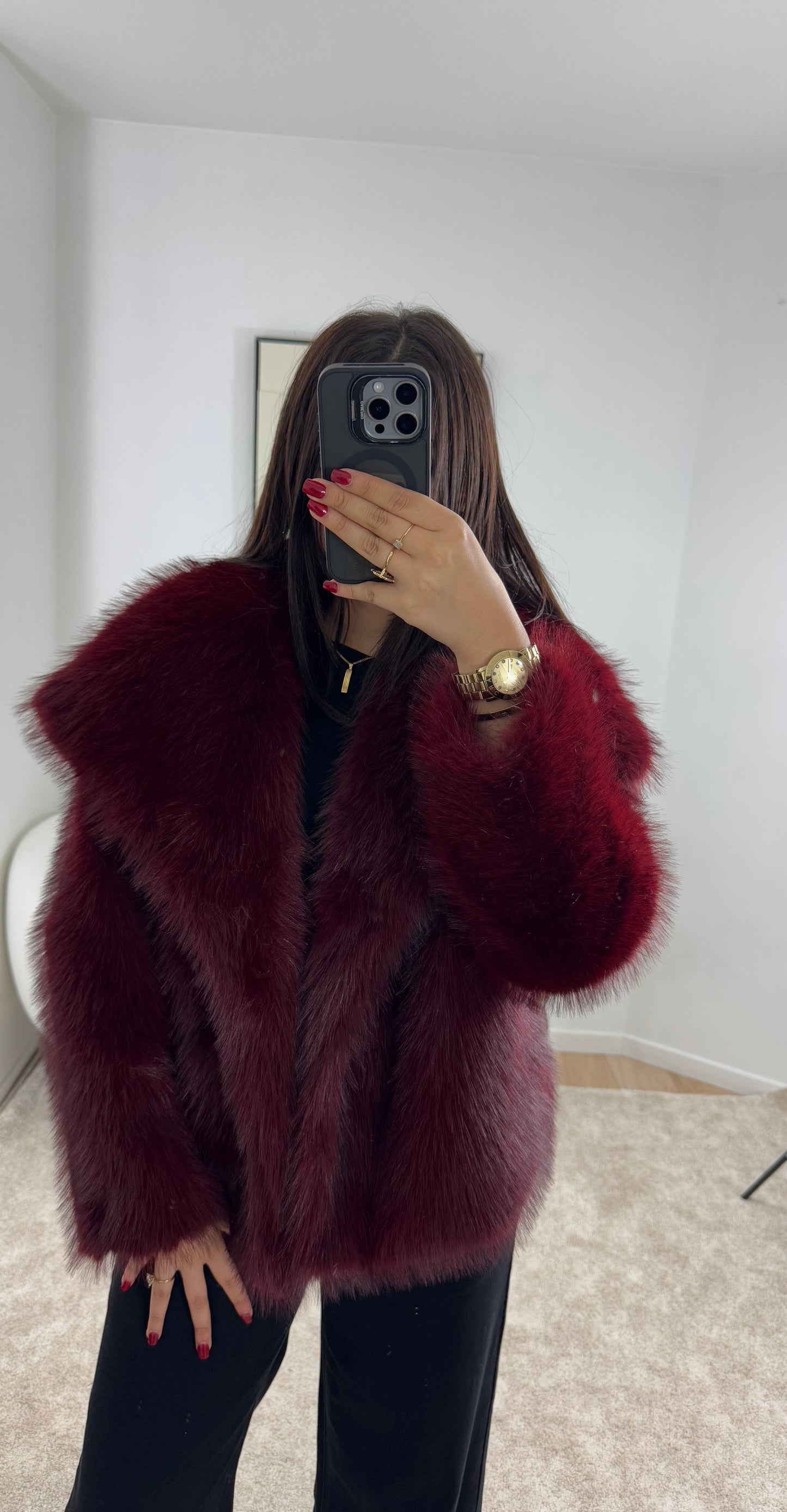 Premium burgundy faux fur coat