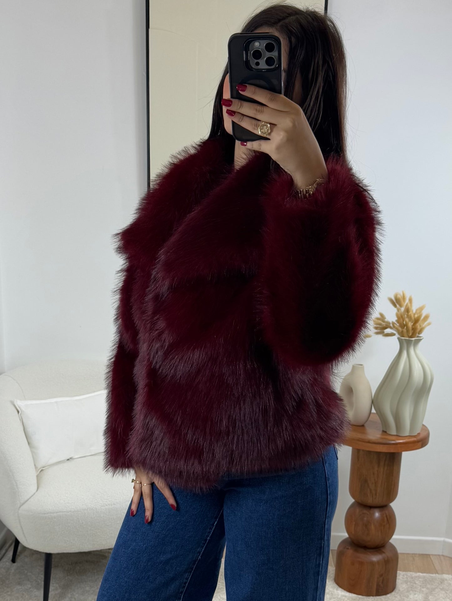 Premium burgundy faux fur coat