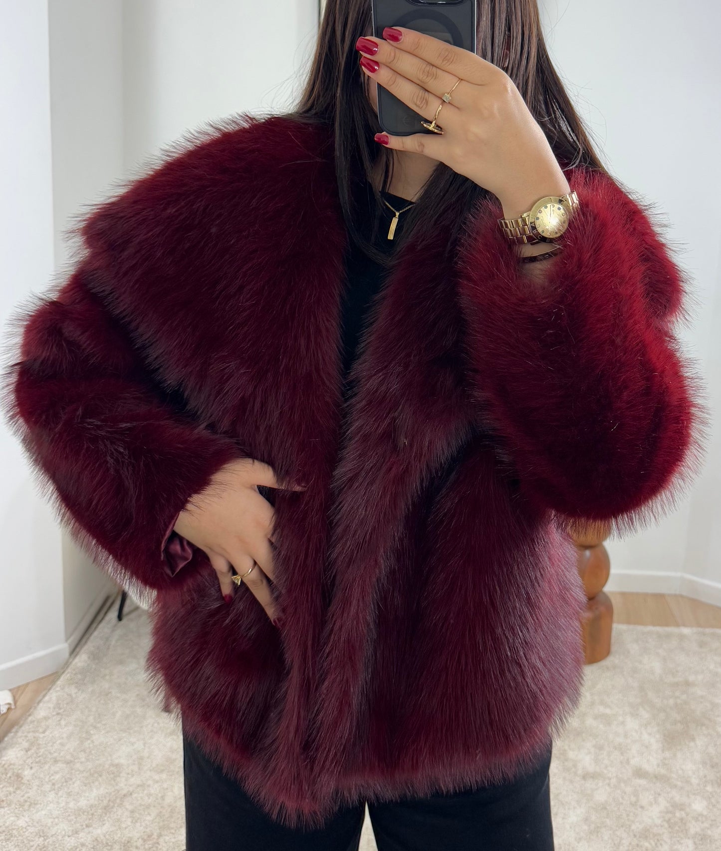 Premium burgundy faux fur coat